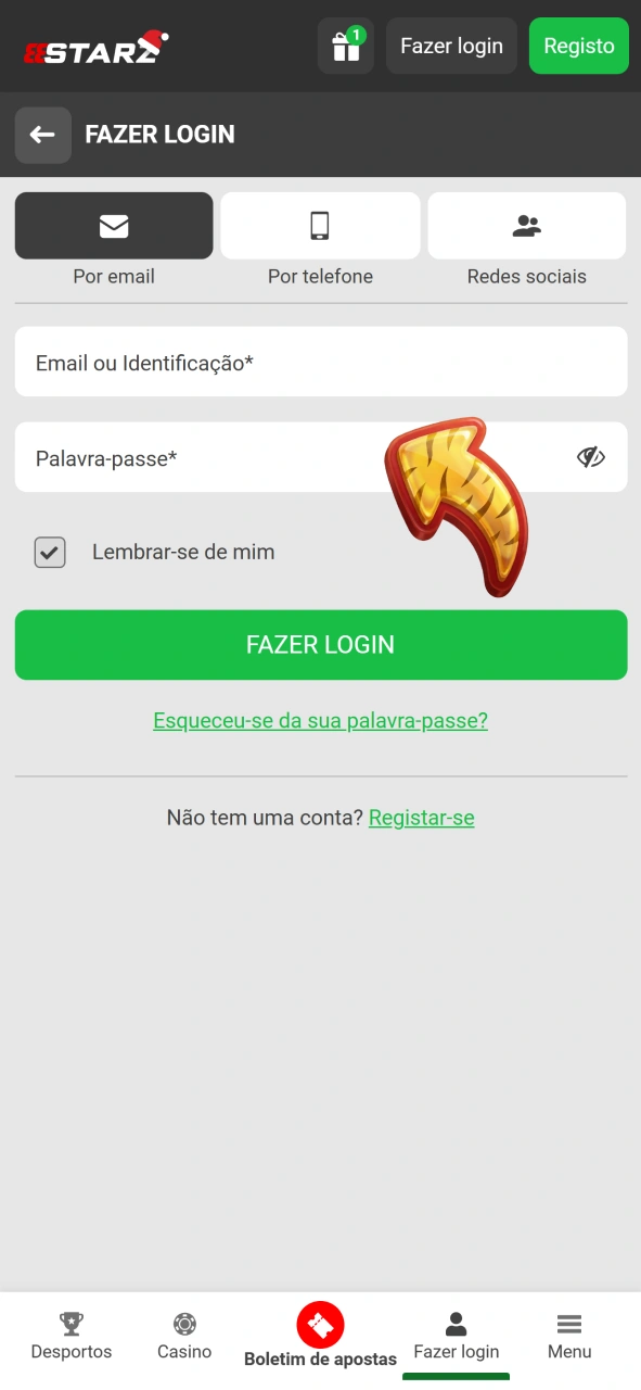 Faça login em sua conta para acessar o jogo Fortune Tiger.